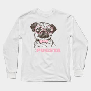 Pugsta - Hipster Pug Girl Puppy Dog Bow Tie & Glasses Long Sleeve T-Shirt